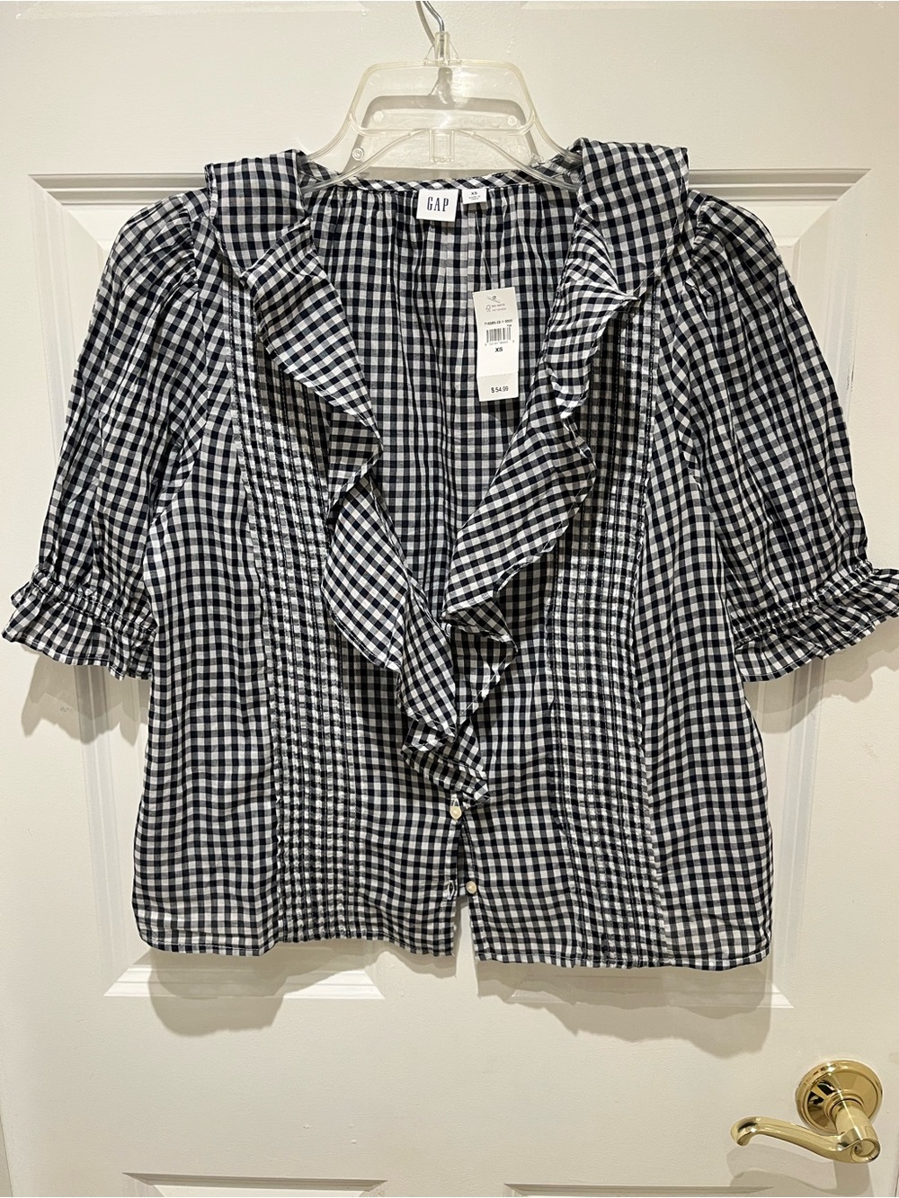NWT GAP Navy & White Gingham Ruffle Front Blouse Size XS